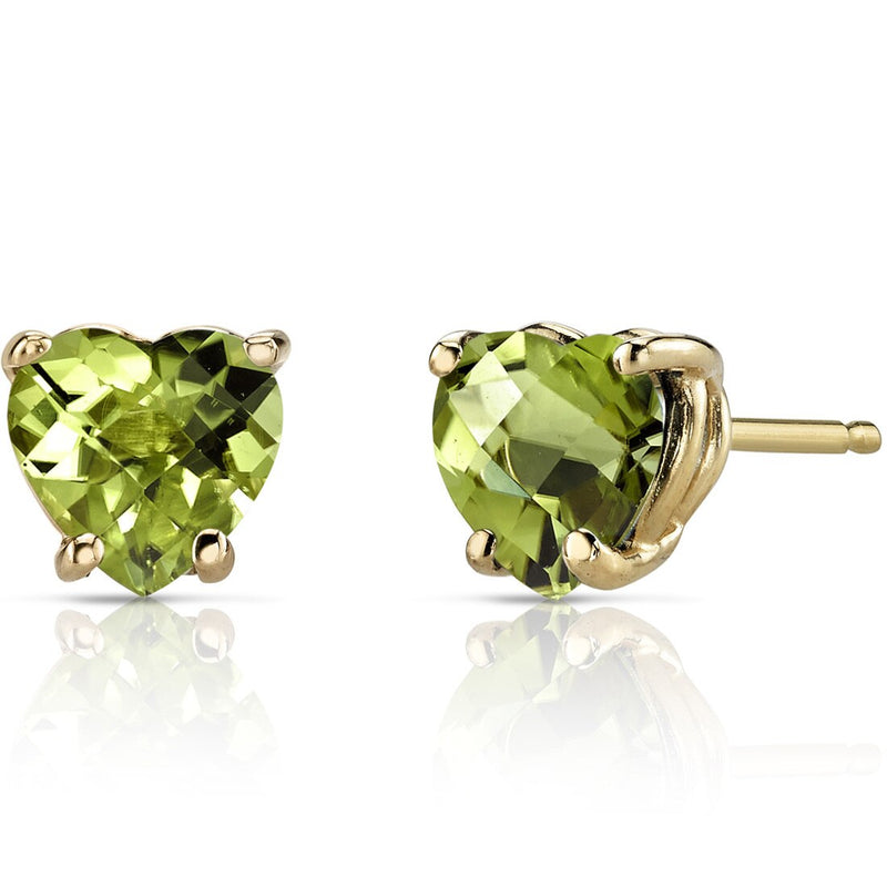 14K Yellow Gold Heart Shape 1.75 Carats Peridot Stud Earrings