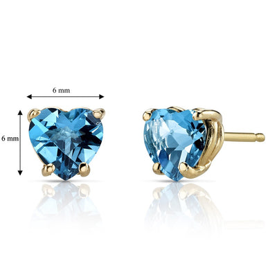 14K Yellow Gold Heart Shape 1.75 Carats Swiss Blue Topaz Stud Earrings