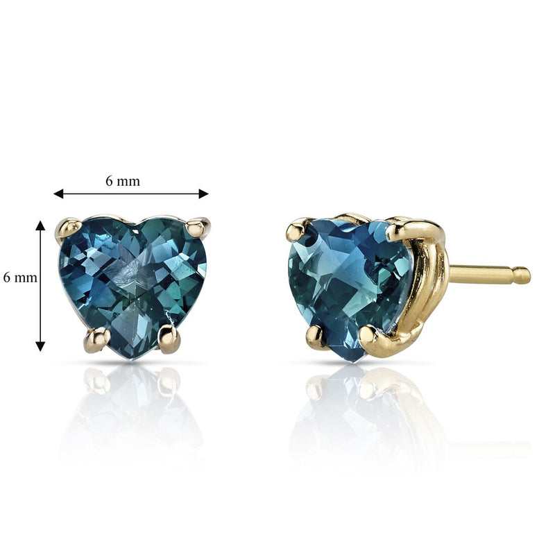 14K Yellow Gold Heart Shape 2.00 Carats London Blue Topaz Stud Earrings