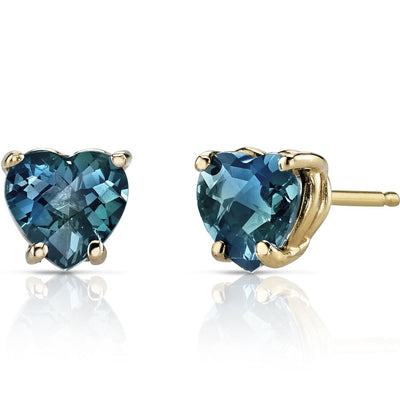 14K Yellow Gold Heart Shape 2.00 Carats London Blue Topaz Stud Earrings