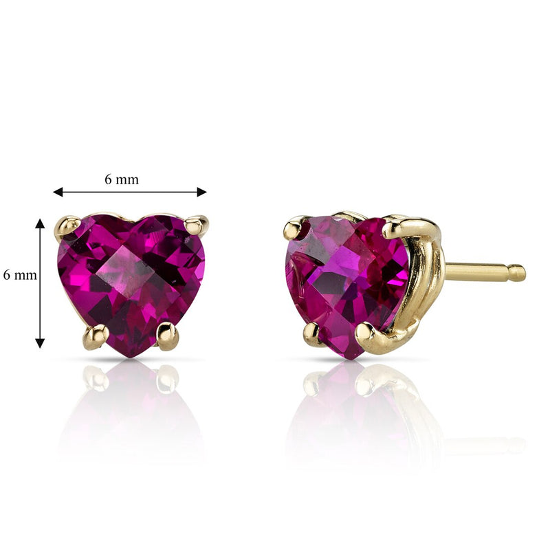 14K Yellow Gold Heart Shape 2.00 Carats Created Ruby Stud Earrings