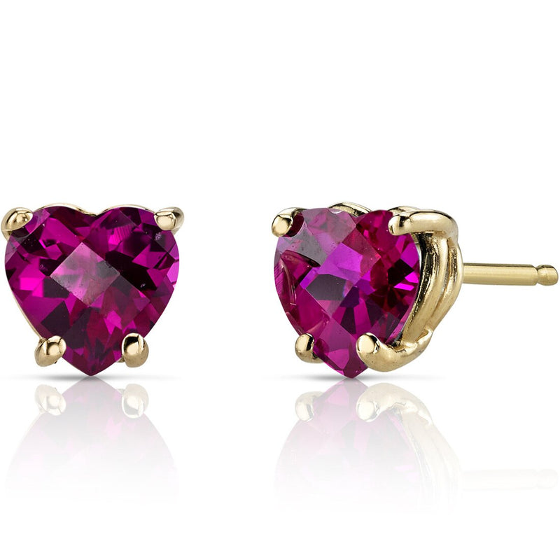 14K Yellow Gold Heart Shape 2.00 Carats Created Ruby Stud Earrings