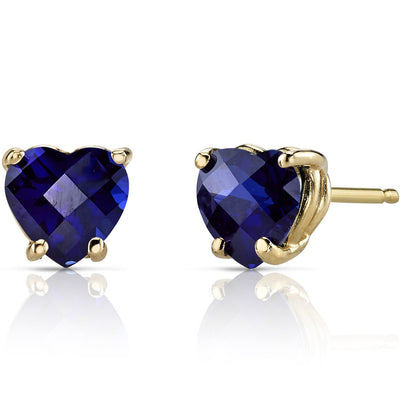 14K Yellow Gold Heart Shape 2.50 Carats Created Blue Sapphire Stud Earrings