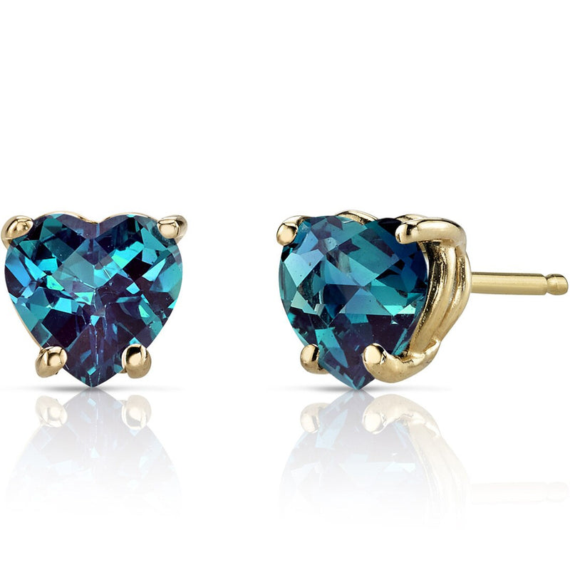 14K Yellow Gold Heart Shape 2.00 Carats Created Alexandrite Stud Earrings