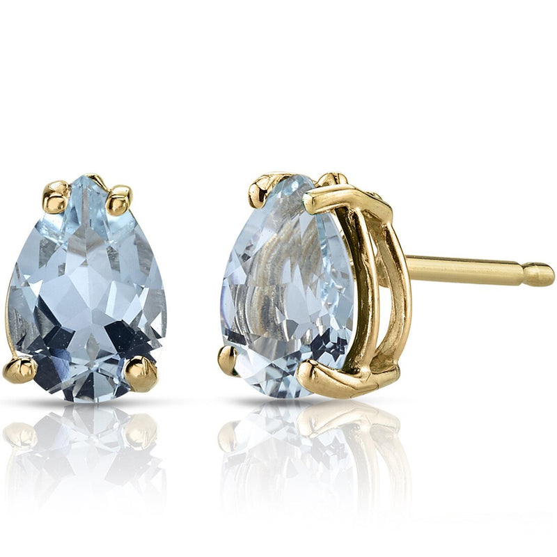 Pear Shape Aquamarine Stud Earrings 14K Yellow Gold 1.10 Carat