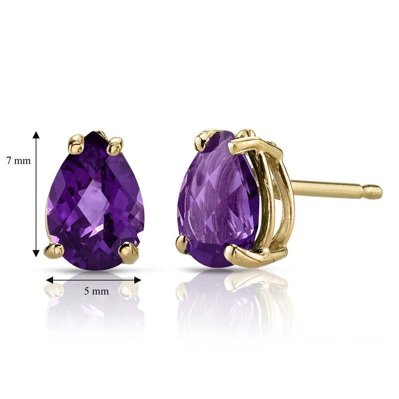 Pear Shape Amethyst Stud Earrings 14K Yellow Gold 1.15 Carats