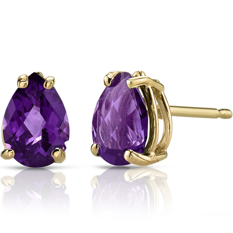 Pear Shape Amethyst Stud Earrings 14K Yellow Gold 1.15 Carats