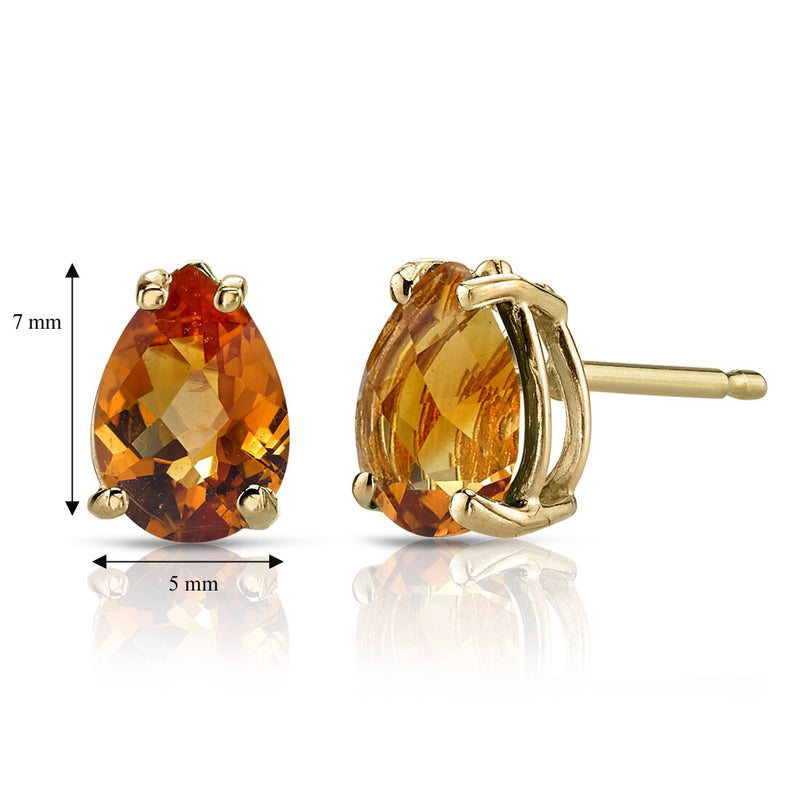 Pear Shape Citrine Stud Earrings 14K Yellow Gold 1.25 Carats