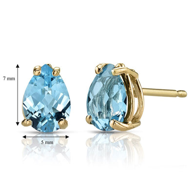 Pear Shape Swiss Blue Topaz Stud Earrings 14K Yellow Gold 1.50 Carats