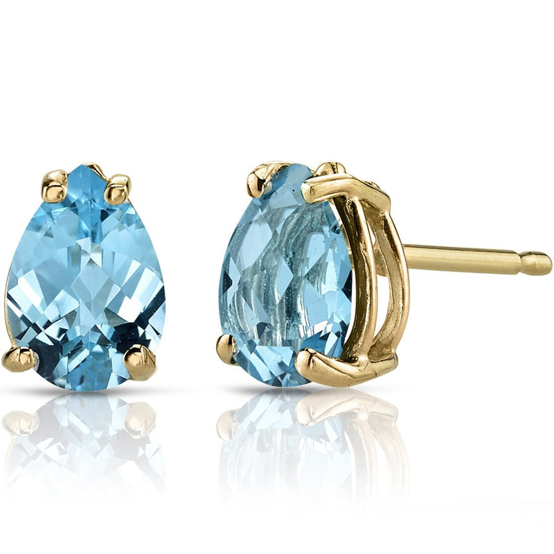 Pear Shape Swiss Blue Topaz Stud Earrings 14K Yellow Gold 1.50 Carats