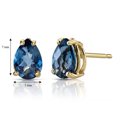 Pear Shape London Blue Topaz Stud Earrings 14K Yellow Gold 1.50 Carats