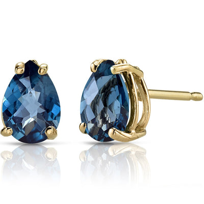 Pear Shape London Blue Topaz Stud Earrings 14K Yellow Gold 1.50 Carats