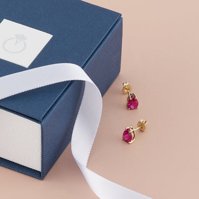 Pear Shape Ruby Stud Earrings 14K Yellow Gold 2 Carats