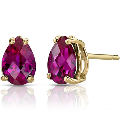 Pear Shape Ruby Stud Earrings 14K Yellow Gold 2 Carats