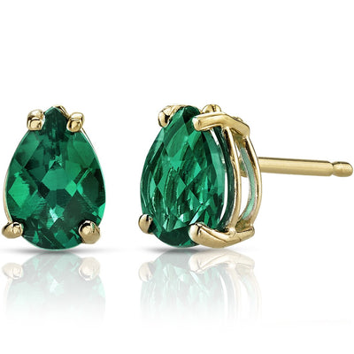 Pear Shape Emerald Stud Earrings 14K Yellow Gold 1.25 Carats