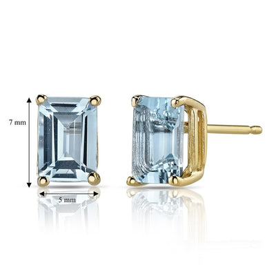 Emerald Cut Aquamarine Stud Earrings 14K Yellow Gold 1.75 Carats