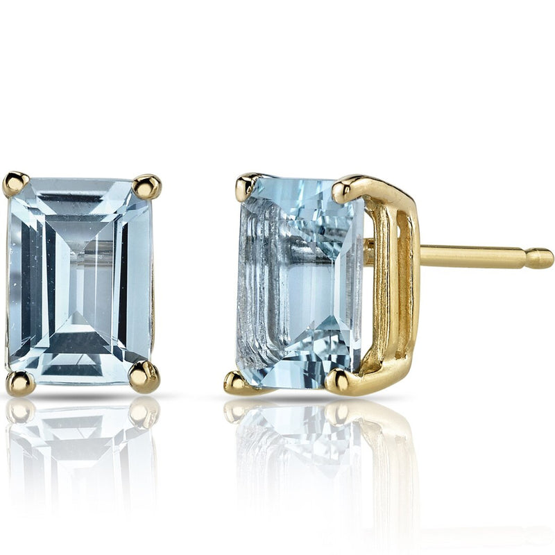 Emerald Cut Aquamarine Stud Earrings 14K Yellow Gold 1.75 Carats