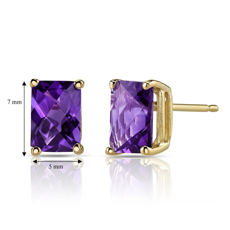 Amethyst Stud Earrings 14K Yellow Gold Radiant Cut 1.75 Carats