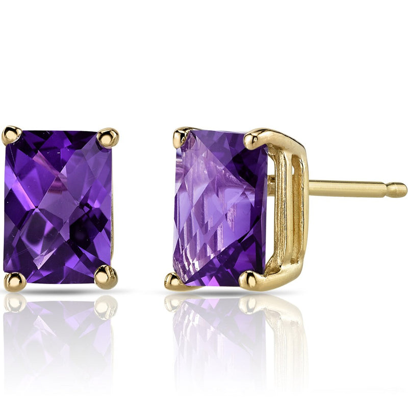 Amethyst Stud Earrings 14K Yellow Gold Radiant Cut 1.75 Carats