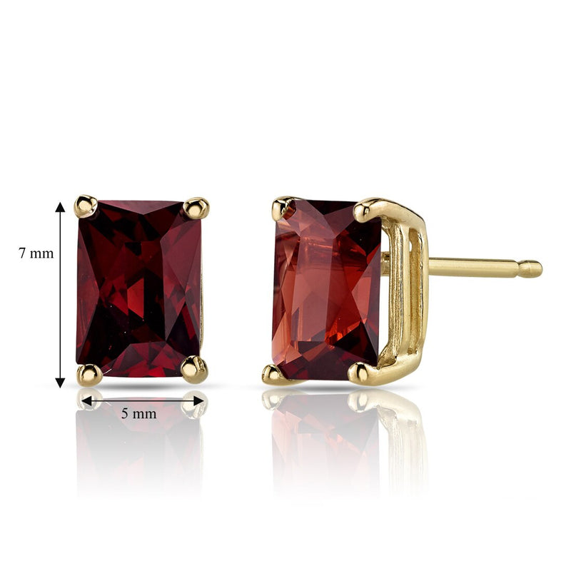 Garnet Stud Earrings 14K Yellow Gold Radiant Cut 2.50 Carats