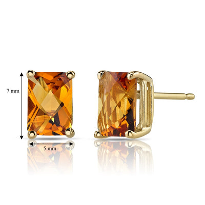 Citrine Stud Earrings 14K Yellow Gold Radiant Cut 1.75 Carats