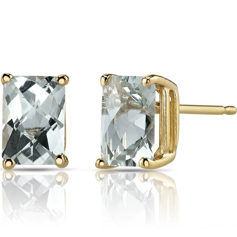 Green Amethyst Stud Earrings 14K Yellow Gold Radiant Cut 1.75 Carats