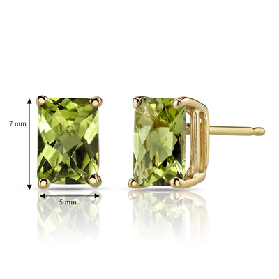 Peridot Stud Earrings 14K Yellow Gold Radiant Cut 2 Carats