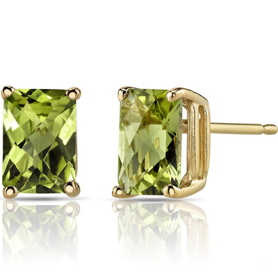 Peridot Stud Earrings 14K Yellow Gold Radiant Cut 2 Carats