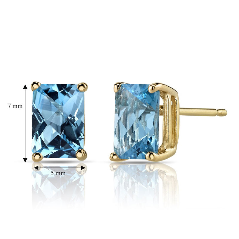 Swiss Blue Topaz Stud Earrings 14K Yellow Gold Radiant Cut 2.25 Carats