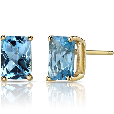 Swiss Blue Topaz Stud Earrings 14K Yellow Gold Radiant Cut 2.25 Carats