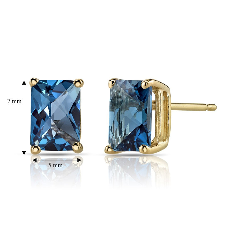 London Blue Topaz Stud Earrings 14K Yellow Gold Radiant Cut 2.25 Carats