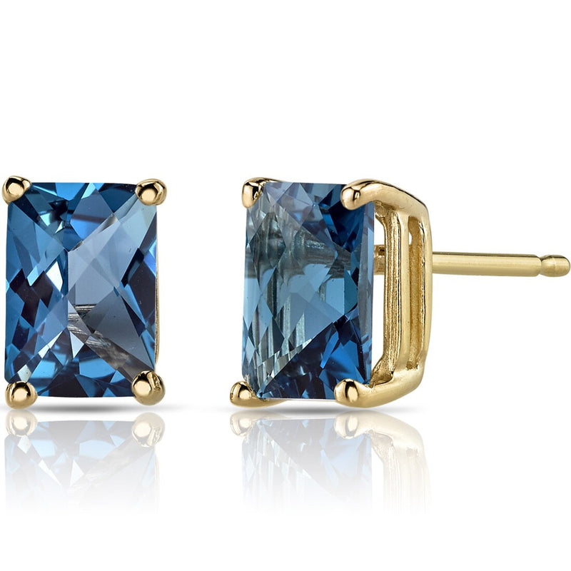 London Blue Topaz Stud Earrings 14K Yellow Gold Radiant Cut 2.25 Carats