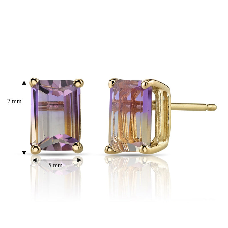 Emerald Cut Ametrine Stud Earrings 14K Yellow Gold 2 Carats