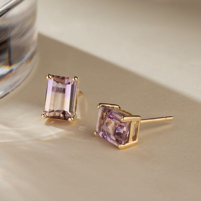 Emerald Cut Ametrine Stud Earrings 14K Yellow Gold 2 Carats