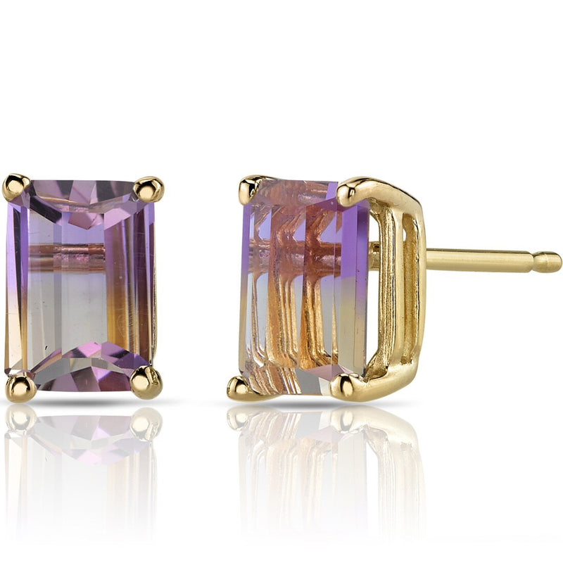 Emerald Cut Ametrine Stud Earrings 14K Yellow Gold 2 Carats