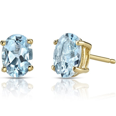 Aquamarine Stud Earrings 14K Yellow Gold Oval Shape 1.25 Carats