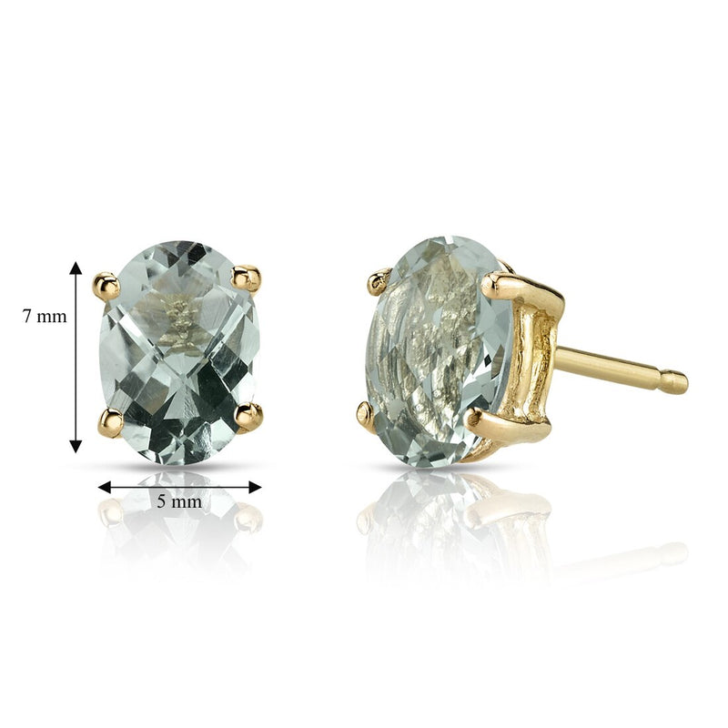 Green Amethyst Stud Earrings 14K Yellow Gold Oval Shape 1.50 Carats