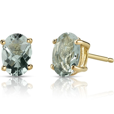 Green Amethyst Stud Earrings 14K Yellow Gold Oval Shape 1.50 Carats