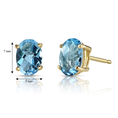 Swiss Blue Topaz Stud Earrings 14K Yellow Gold Oval Shape 2 Carats