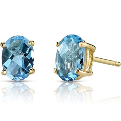 Swiss Blue Topaz Stud Earrings 14K Yellow Gold Oval Shape 2 Carats