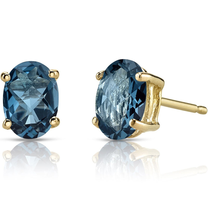 London Blue Topaz Stud Earrings 14K Yellow Gold Oval Shape 1.75 Carats