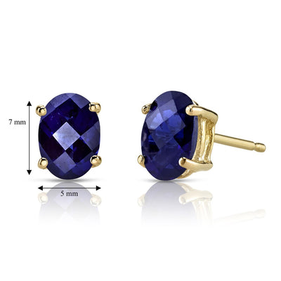 Blue Sapphire Stud Earrings 14K Yellow Gold Oval Shape 2 Carats