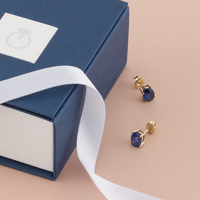 Blue Sapphire Stud Earrings 14K Yellow Gold Oval Shape 2 Carats