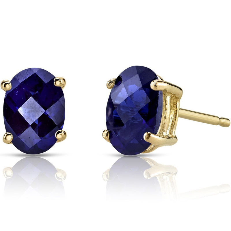 Blue Sapphire Stud Earrings 14K Yellow Gold Oval Shape 2 Carats