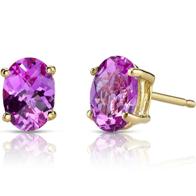 Pink Sapphire Stud Earrings 14K Yellow Gold Oval Shape 2 Carats