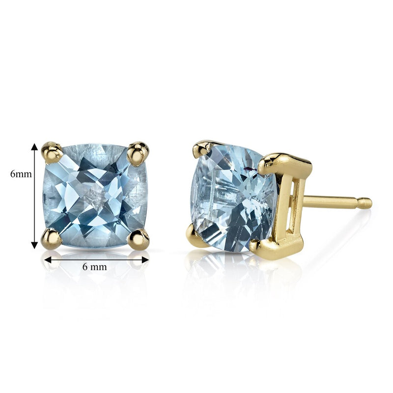 Aquamarine Stud Earrings 14K Yellow Gold Cushion Cut 1.50 Carats