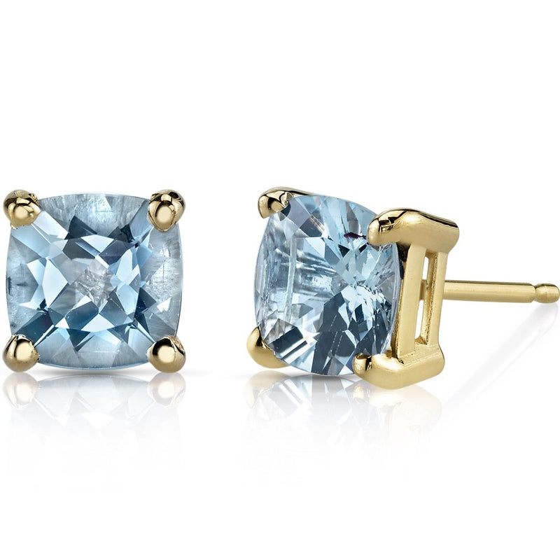 Aquamarine Stud Earrings 14K Yellow Gold Cushion Cut 1.50 Carats