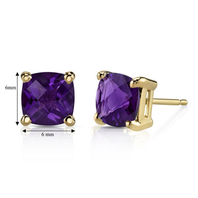 Amethyst Stud Earrings 14K Yellow Gold 1.50 Carats Cushion Cut