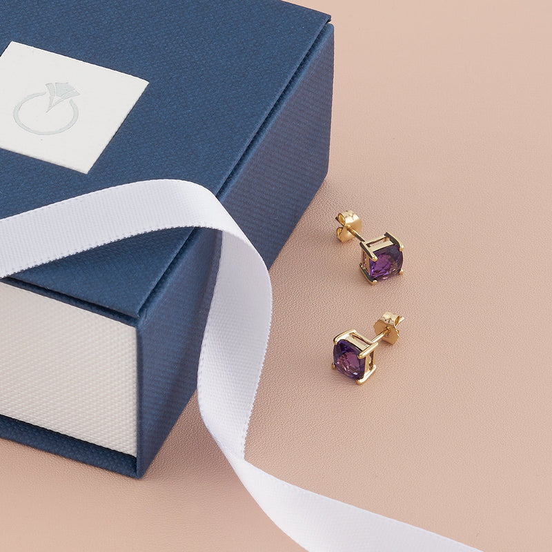 Amethyst Stud Earrings 14K Yellow Gold 1.50 Carats Cushion Cut