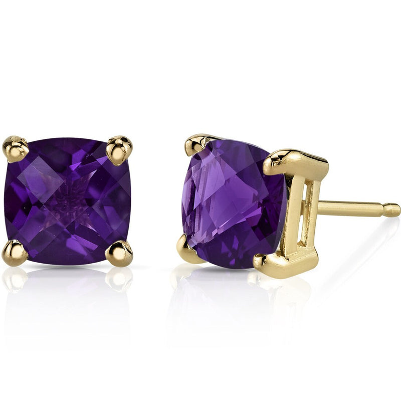 Amethyst Stud Earrings 14K Yellow Gold 1.50 Carats Cushion Cut